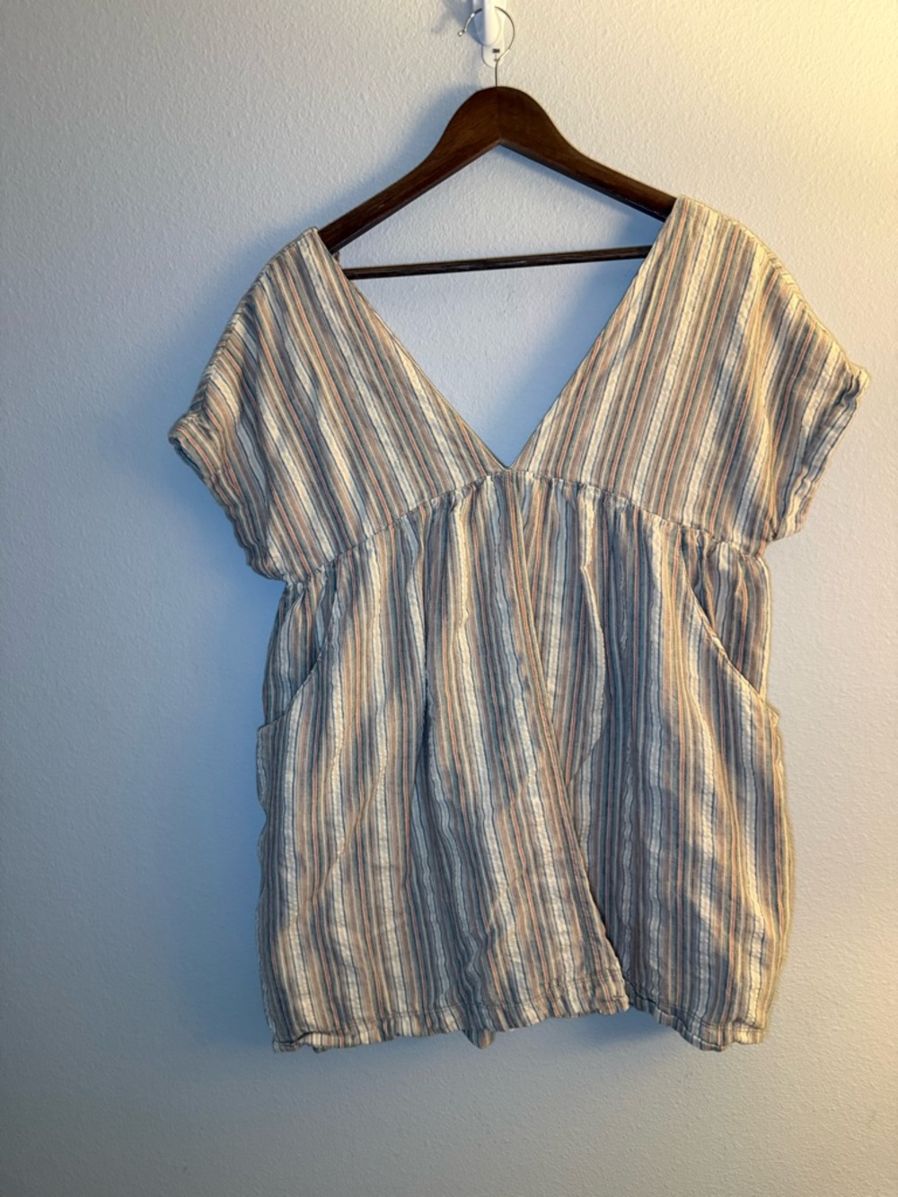 Urban Outfitters Neutral Multi-Striped V-Neck Short Sleeve Tunic